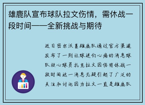 雄鹿队宣布球队拉文伤情,需休战一段时间——全新挑战与期待